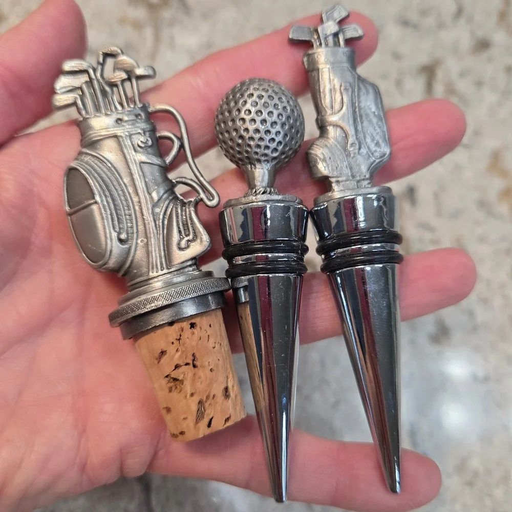 Vintage Golf Wine Bottle Stoppers Set 3 Pewter Tone Golf Ball Bag Sports Decor